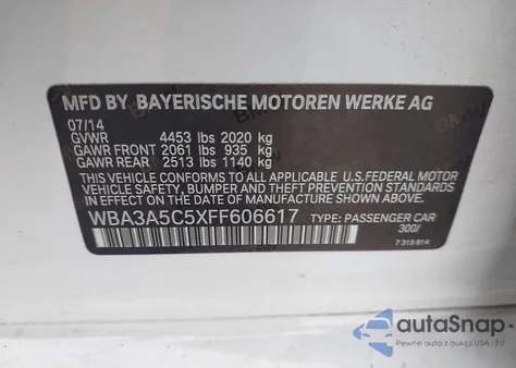 2015 BMW 328I z USA, uszkodzony, nr VIN WBA3A5C5XFF606617